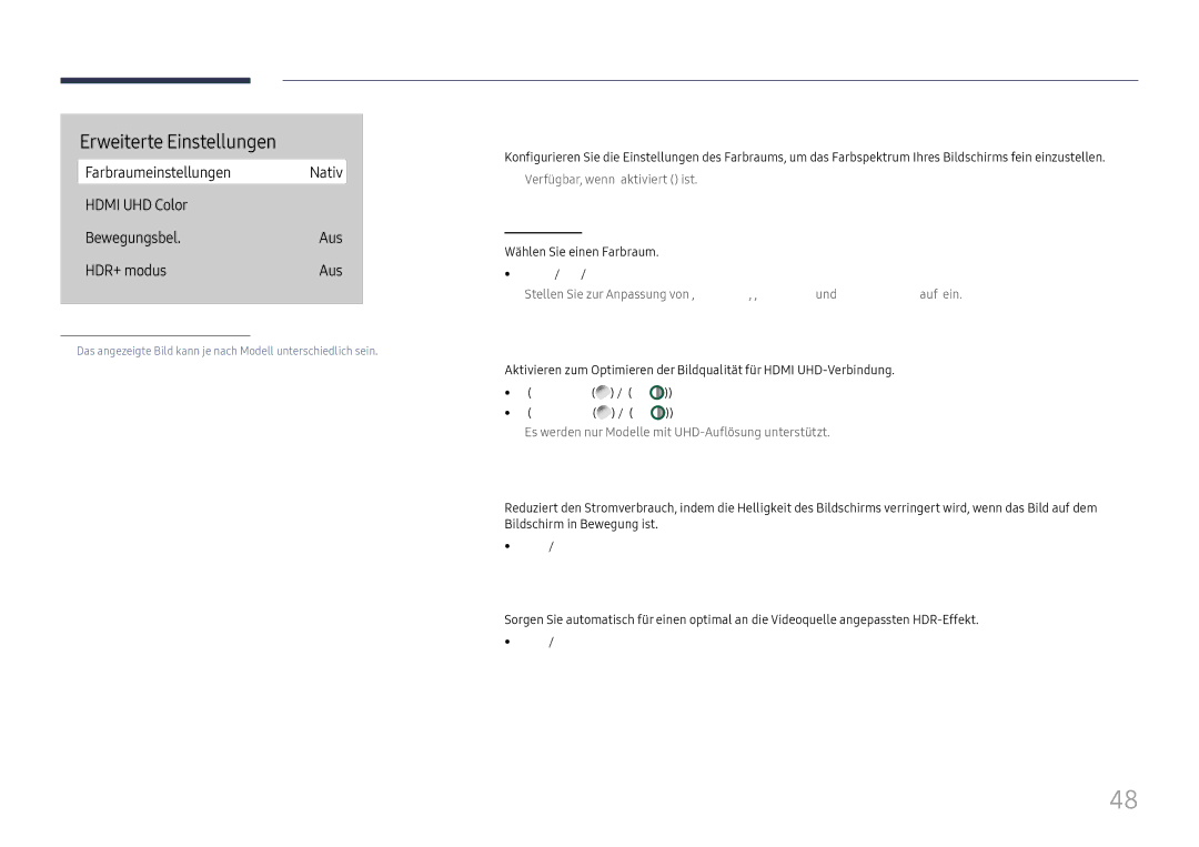 Samsung LH75QBHRTBC/EN, LH65QBHRTBC/EN manual Farbraumeinstellungen, Hdmi UHD Color, Bewegungsbel, HDR+ modus 