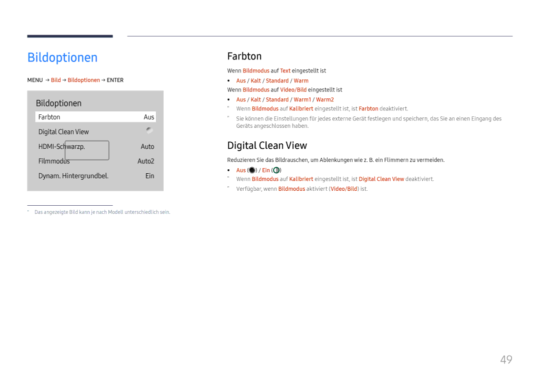 Samsung LH65QBHRTBC/EN, LH75QBHRTBC/EN manual Bildoptionen, Farbton, Digital Clean View 