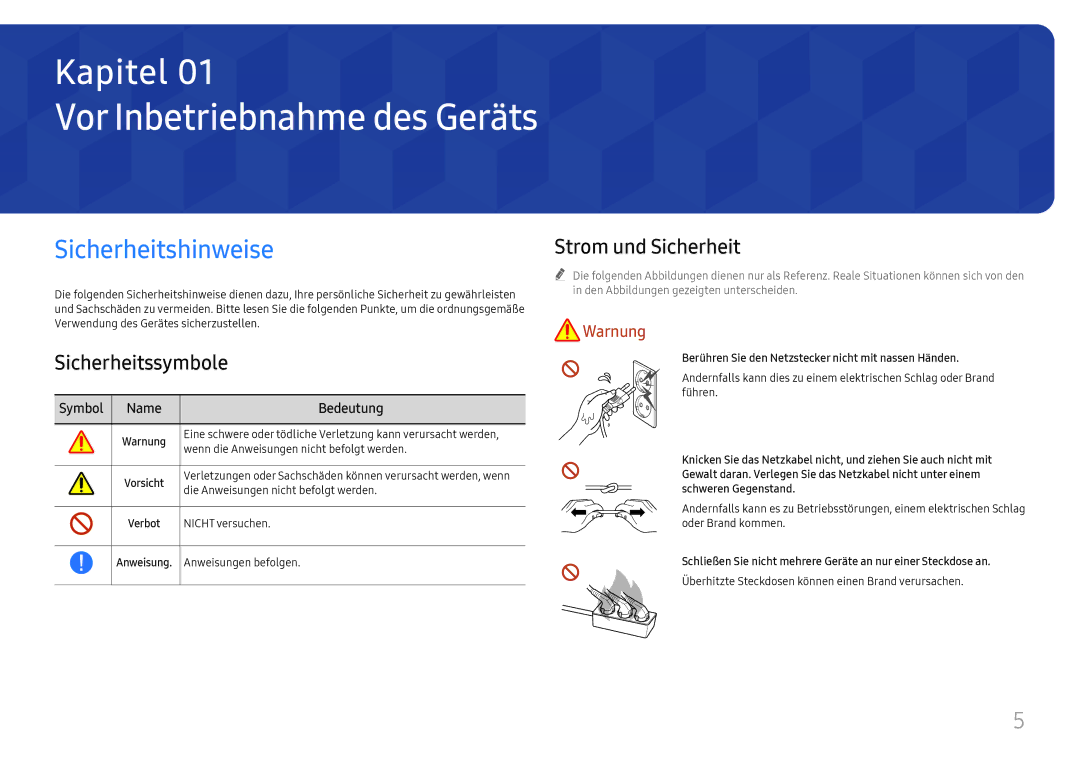 Samsung LH65QBHRTBC/EN manual Vor Inbetriebnahme des Geräts, Sicherheitshinweise, Sicherheitssymbole, Strom und Sicherheit 