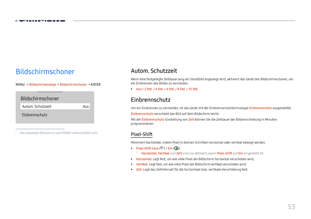 Samsung LH65QBHRTBC/EN, LH75QBHRTBC/EN manual Bildschirmanzeige, Bildschirmschoner, Autom. Schutzzeit, Einbrennschutz 