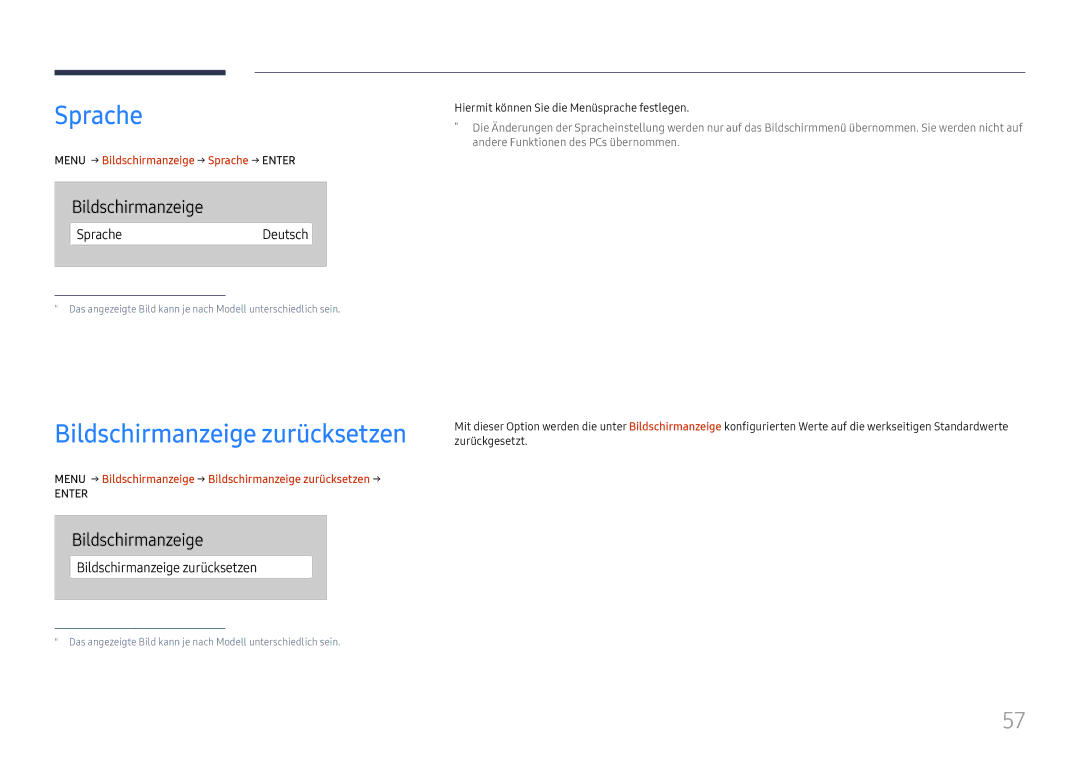 Samsung LH65QBHRTBC/EN Menu m→ Bildschirmanzeige → Sprache → Enter E, Hiermit können Sie die Menüsprache festlegen 