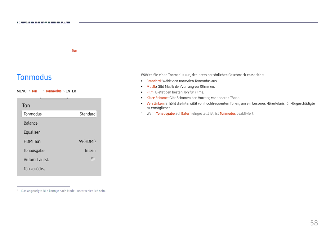 Samsung LH75QBHRTBC/EN, LH65QBHRTBC/EN manual Anpassen des Tons, Menu m→ Ton → Tonmodus → Enter E 