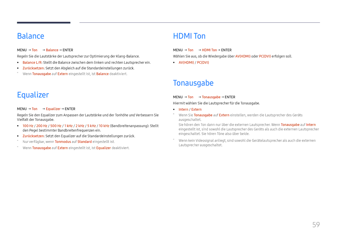 Samsung LH65QBHRTBC/EN, LH75QBHRTBC/EN manual Balance, Equalizer, Hdmi Ton, Tonausgabe 
