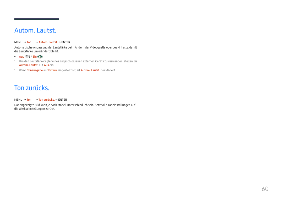 Samsung LH75QBHRTBC/EN manual Menu m→ Ton → Autom. Lautst. → Enter E, Menu m→ Ton → Ton zurücks. → Enter E 