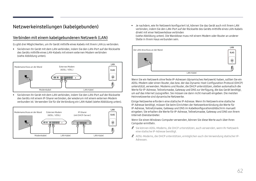 Samsung LH75QBHRTBC/EN manual Netzwerkeinstellungen kabelgebunden, Verbinden mit einem kabelgebundenen Netzwerk LAN 