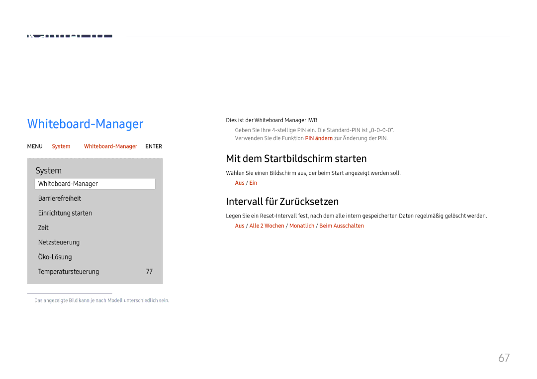 Samsung LH65QBHRTBC/EN manual System, Whiteboard-Manager, Mit dem Startbildschirm starten, Intervall für Zurücksetzen 