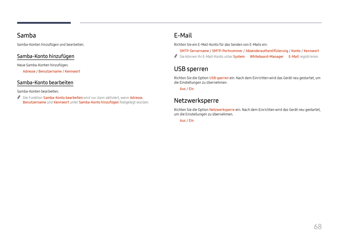 Samsung LH75QBHRTBC/EN, LH65QBHRTBC/EN manual Samba, Mail, USB sperren, Netzwerksperre 