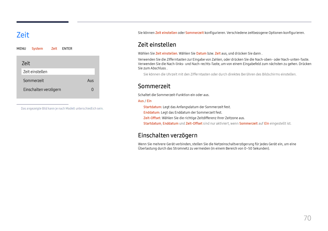 Samsung LH75QBHRTBC/EN, LH65QBHRTBC/EN manual Zeit einstellen, Sommerzeit, Einschalten verzögern 