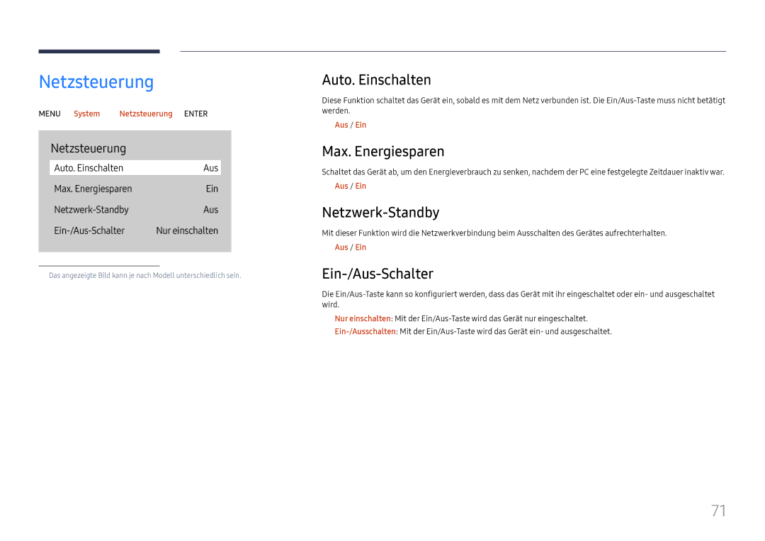 Samsung LH65QBHRTBC/EN manual Netzsteuerung, Auto. Einschalten, Max. Energiesparen, Netzwerk-Standby, Ein-/Aus-Schalter 