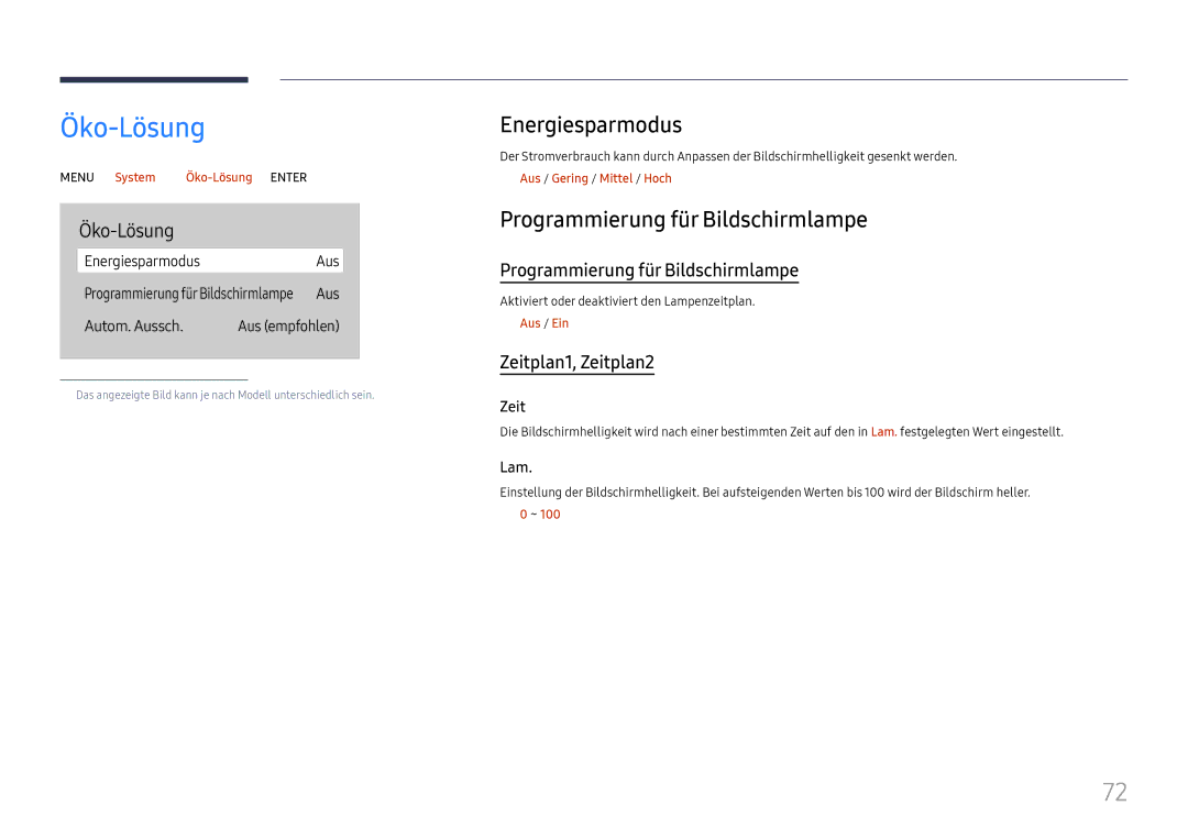 Samsung LH75QBHRTBC/EN, LH65QBHRTBC/EN manual Öko-Lösung, Energiesparmodus, Programmierung für Bildschirmlampe 