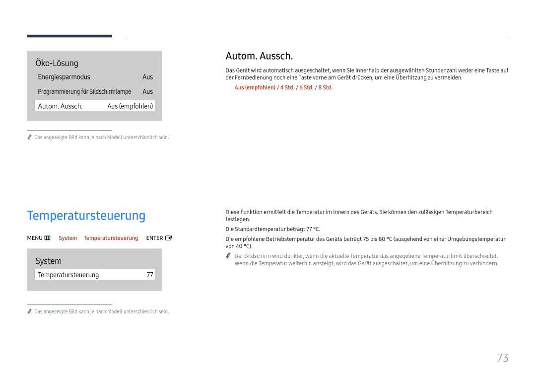 Samsung LH65QBHRTBC/EN, LH75QBHRTBC/EN manual Autom. Aussch, Menu m→ System → Temperatursteuerung → Enter E 