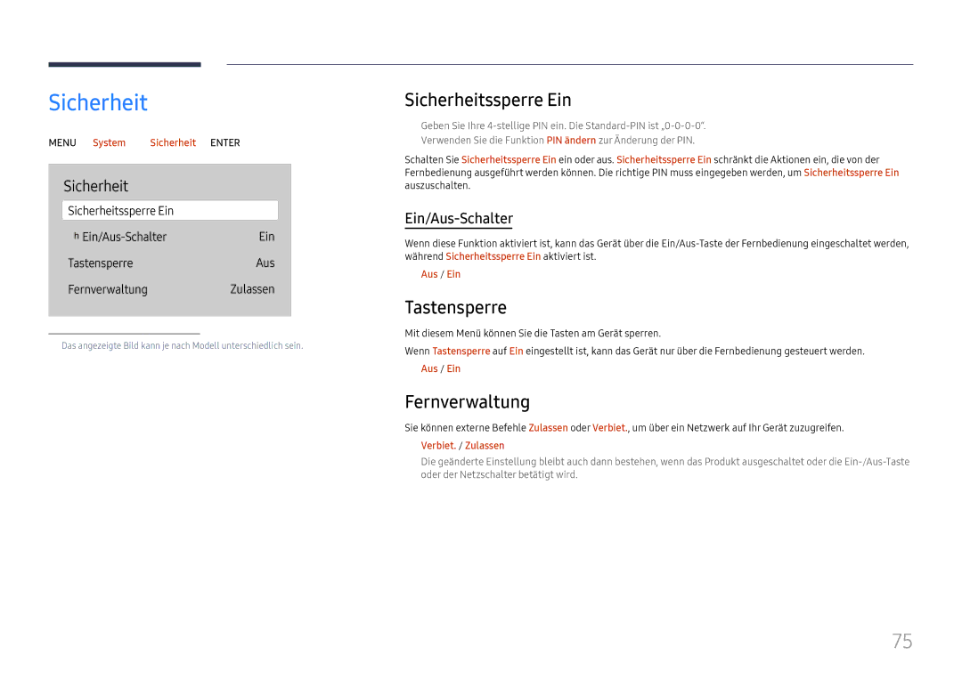 Samsung LH65QBHRTBC/EN, LH75QBHRTBC/EN manual Sicherheitssperre Ein, Tastensperre, Fernverwaltung 