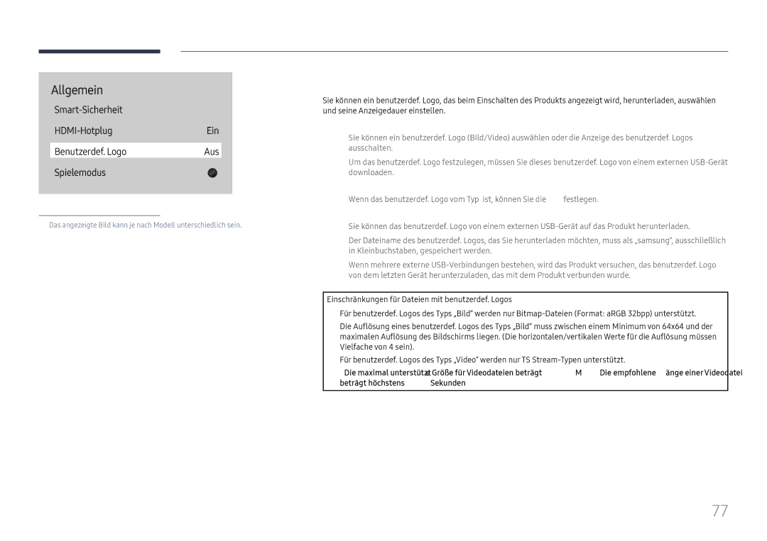 Samsung LH65QBHRTBC/EN, LH75QBHRTBC/EN manual Benutzerdef. Logo, Anzeigedauer des Logos, Logodatei herunterladen 