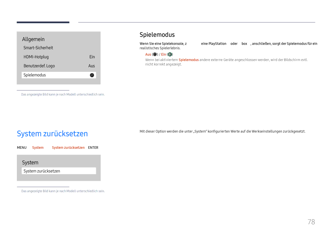 Samsung LH75QBHRTBC/EN, LH65QBHRTBC/EN manual Spielemodus, Menu m→ System → System zurücksetzen → Enter E 