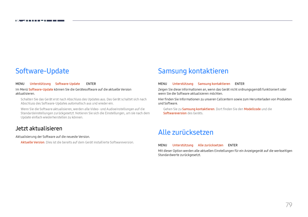 Samsung LH65QBHRTBC/EN manual Unterstützung, Software-Update, Samsung kontaktieren, Alle zurücksetzen, Jetzt aktualisieren 