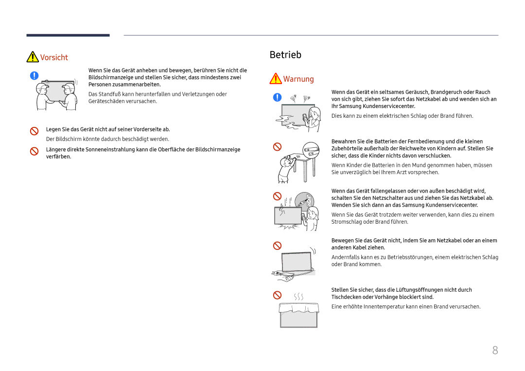 Samsung LH75QBHRTBC/EN, LH65QBHRTBC/EN manual Betrieb, Legen Sie das Gerät nicht auf seiner Vorderseite ab 