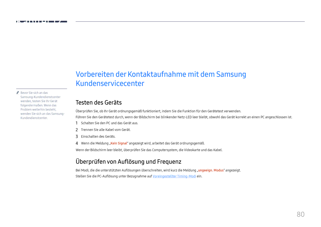 Samsung LH75QBHRTBC/EN manual Handbuch zur Fehlerbehebung, Testen des Geräts, Überprüfen von Auflösung und Frequenz 