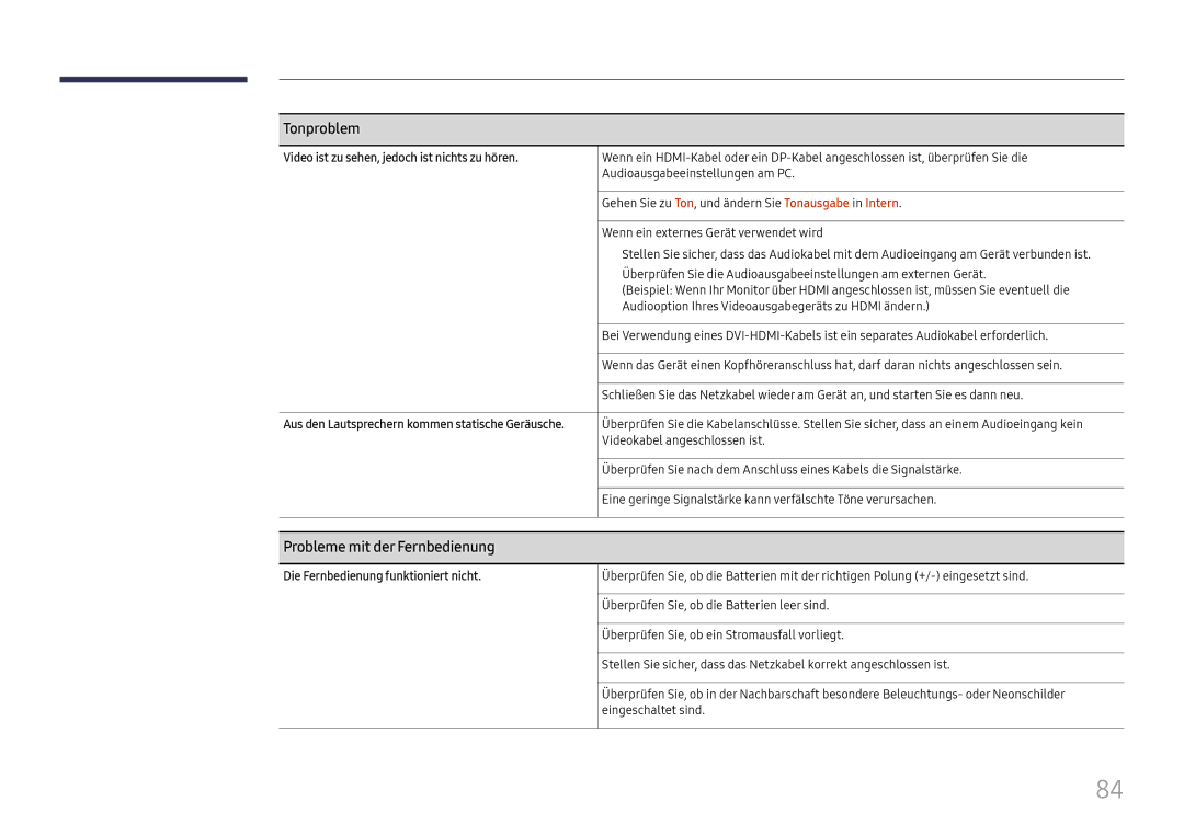 Samsung LH75QBHRTBC/EN, LH65QBHRTBC/EN manual Probleme mit der Fernbedienung, Video ist zu sehen, jedoch ist nichts zu hören 