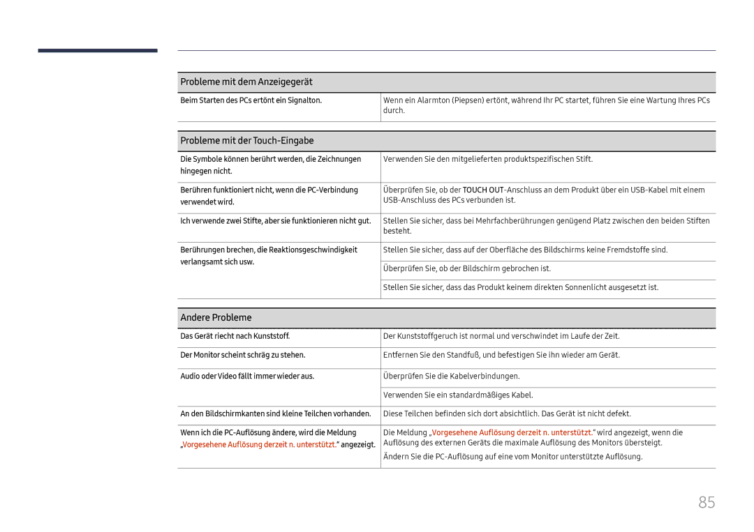 Samsung LH65QBHRTBC/EN, LH75QBHRTBC/EN manual Probleme mit dem Anzeigegerät, Probleme mit der Touch-Eingabe, Andere Probleme 