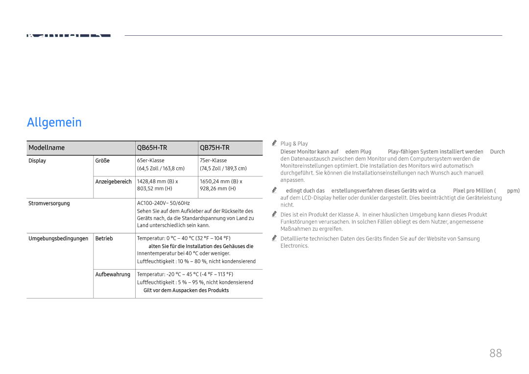 Samsung LH75QBHRTBC/EN, LH65QBHRTBC/EN manual Technische Daten, Modellname 