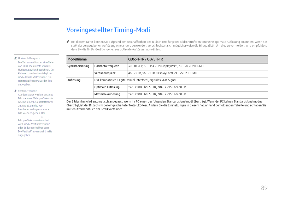 Samsung LH65QBHRTBC/EN, LH75QBHRTBC/EN manual Voreingestellter Timing-Modi 