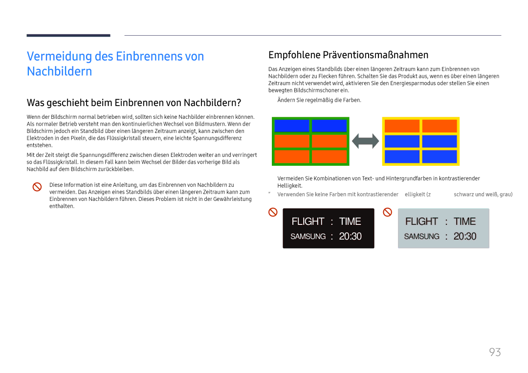 Samsung LH65QBHRTBC/EN, LH75QBHRTBC/EN manual Vermeidung des Einbrennens von Nachbildern 