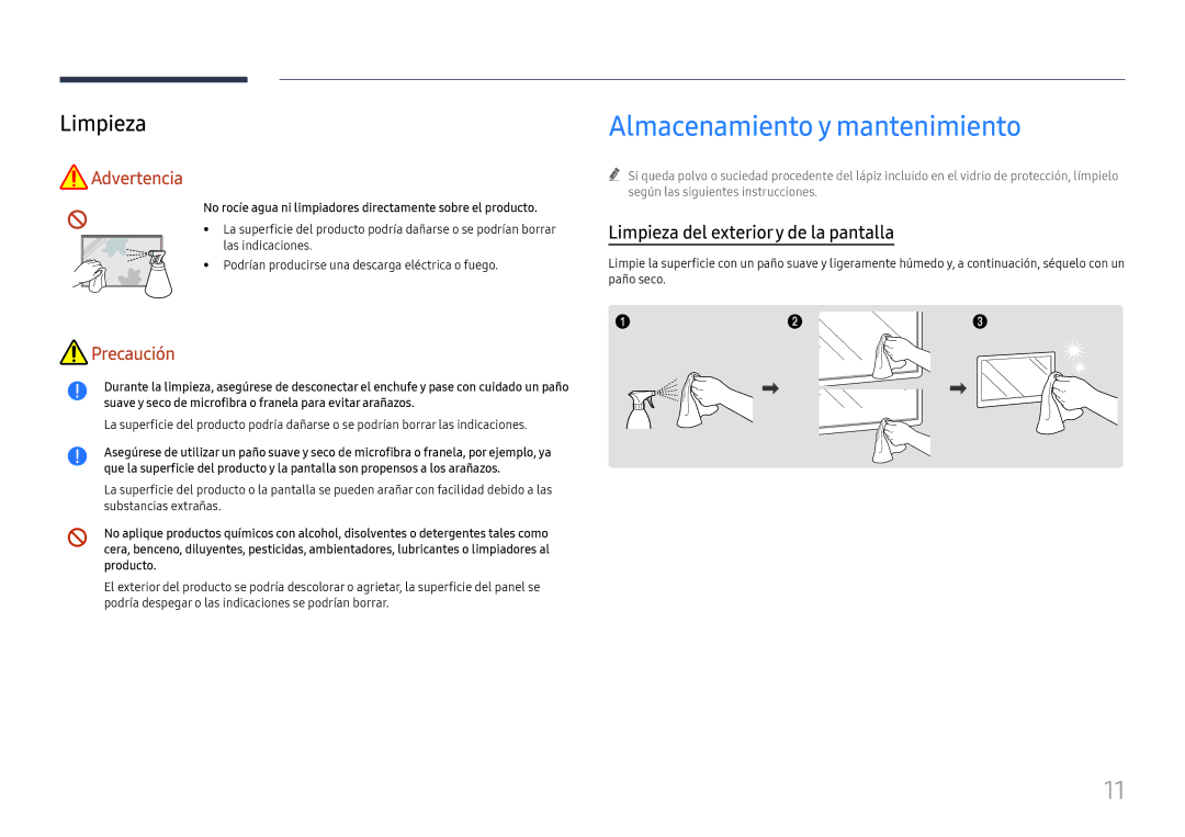 Samsung LH65QBHRTBC/EN, LH75QBHRTBC/EN manual Almacenamiento y mantenimiento, Limpieza del exterior y de la pantalla 