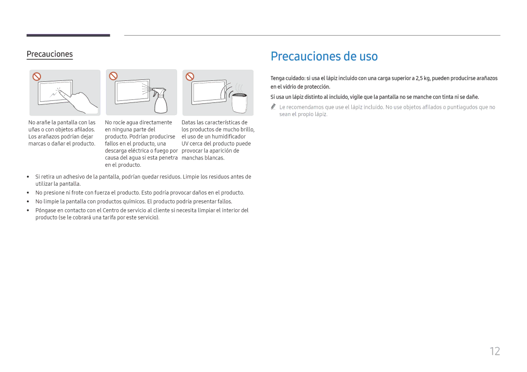 Samsung LH75QBHRTBC/EN, LH65QBHRTBC/EN manual Precauciones de uso 