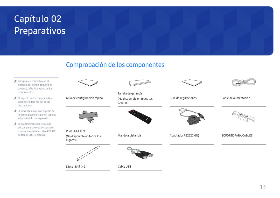 Samsung LH65QBHRTBC/EN, LH75QBHRTBC/EN manual Preparativos, Comprobación de los componentes 