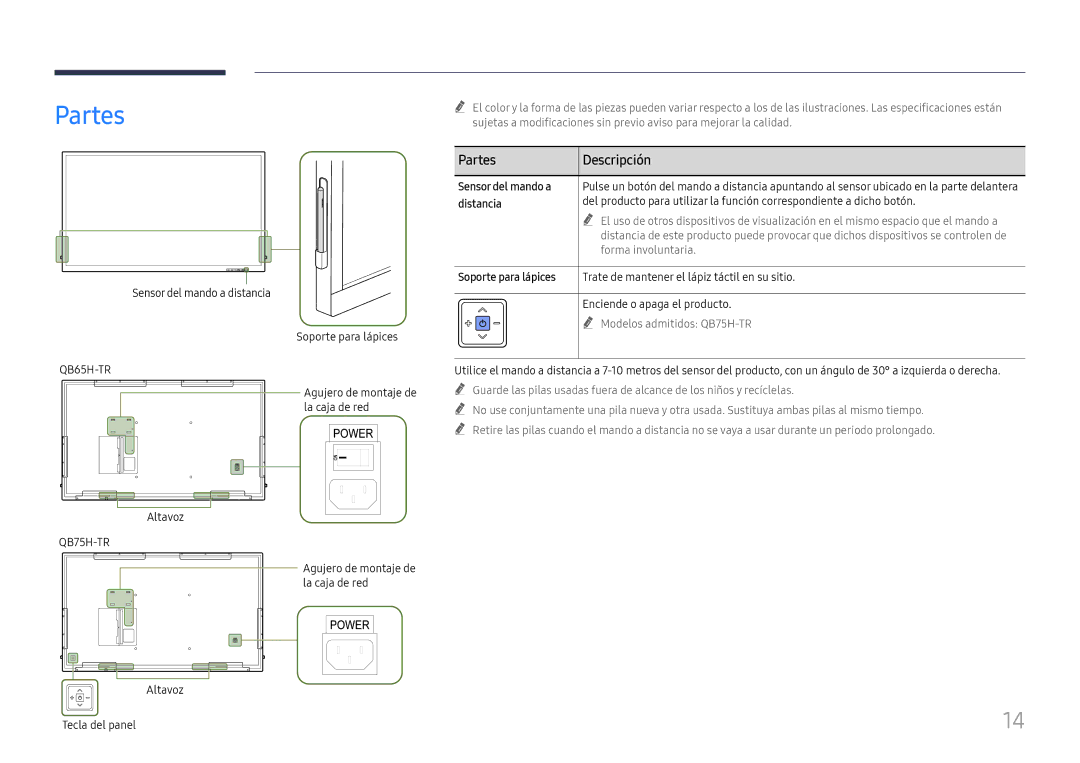 Samsung LH75QBHRTBC/EN, LH65QBHRTBC/EN manual Partes Descripción, Sensor del mando a 