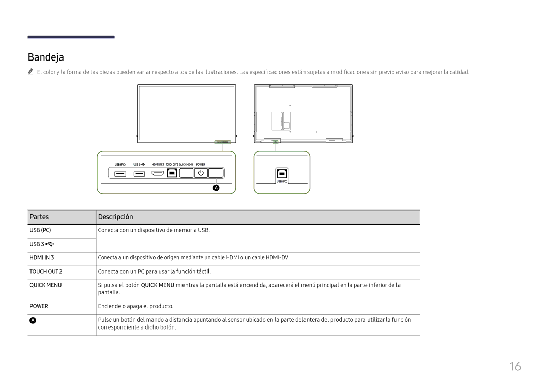 Samsung LH75QBHRTBC/EN, LH65QBHRTBC/EN manual Bandeja 