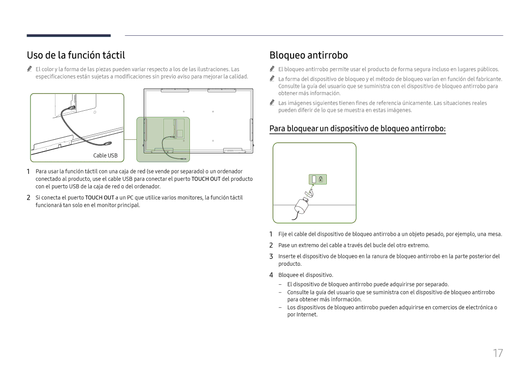 Samsung LH65QBHRTBC/EN Uso de la función táctil, Bloqueo antirrobo, Para bloquear un dispositivo de bloqueo antirrobo 