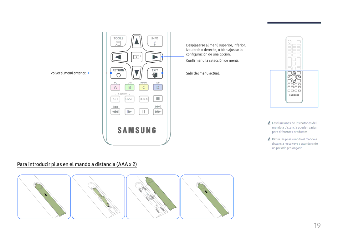 Samsung LH65QBHRTBC/EN, LH75QBHRTBC/EN manual Para introducir pilas en el mando a distancia AAA x, Volver al menú anterior 