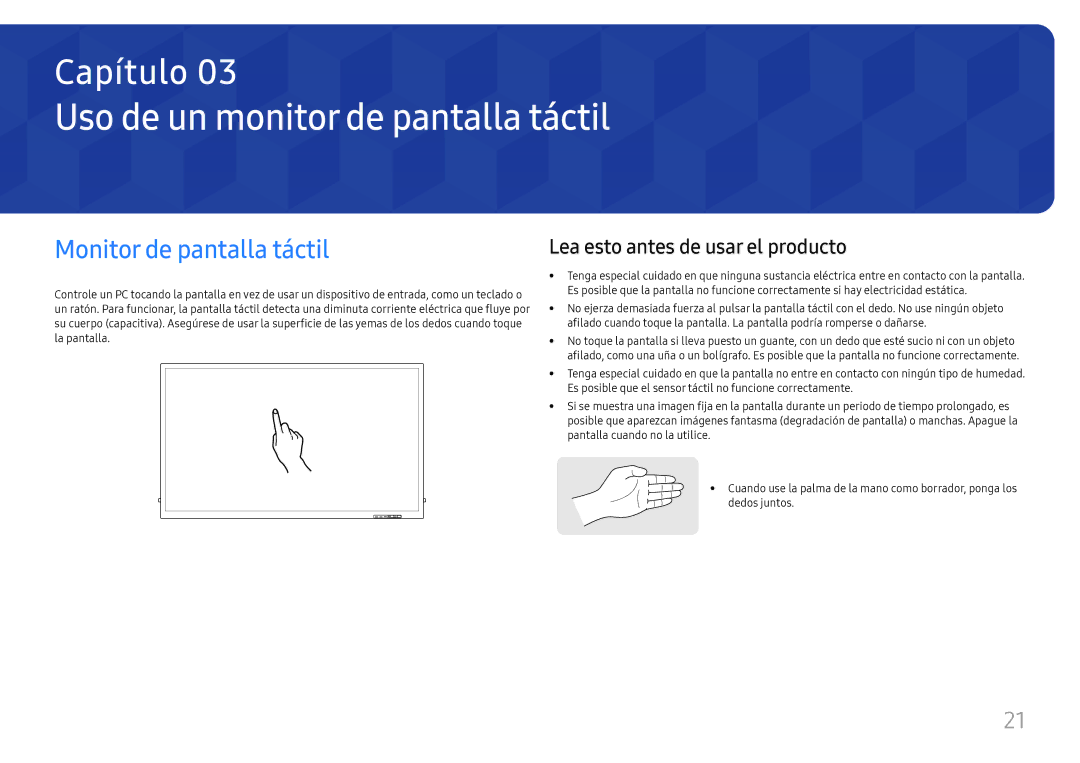 Samsung LH65QBHRTBC/EN, LH75QBHRTBC/EN manual Uso de un monitor de pantalla táctil, Monitor de pantalla táctil 