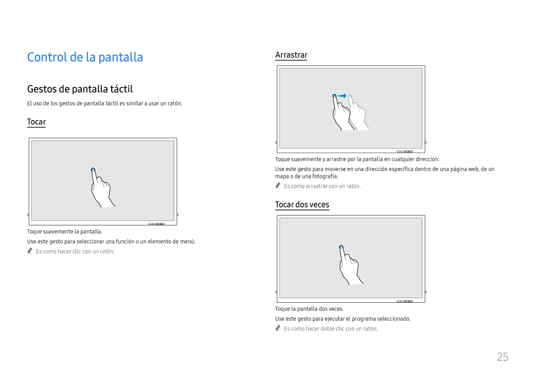 Samsung LH65QBHRTBC/EN, LH75QBHRTBC/EN Control de la pantalla, Gestos de pantalla táctil, Arrastrar, Tocar dos veces 