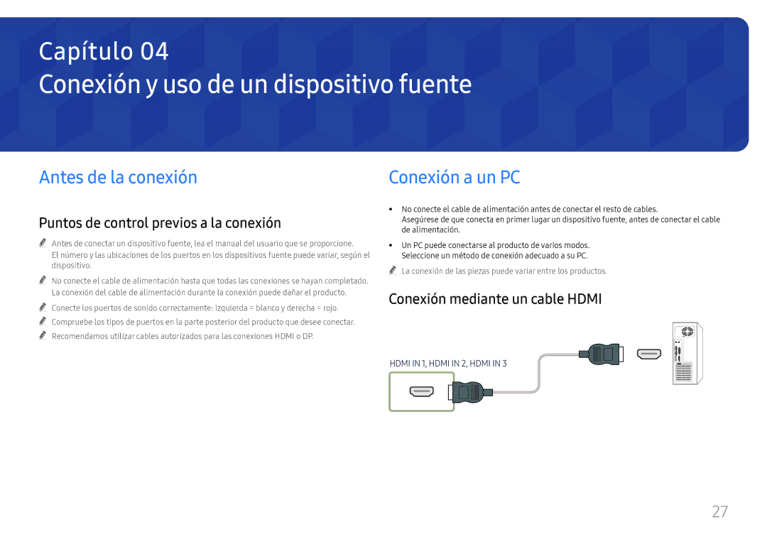 Samsung LH65QBHRTBC/EN, LH75QBHRTBC/EN Conexión y uso de un dispositivo fuente, Antes de la conexión, Conexión a un PC 