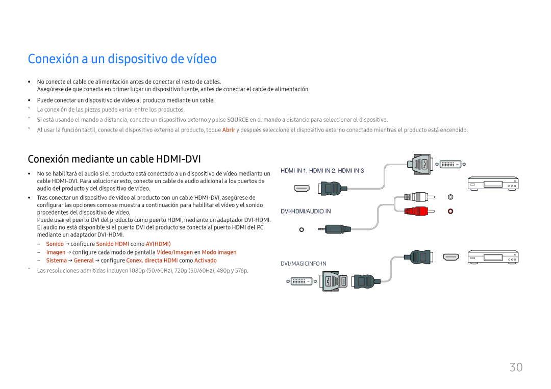 Samsung LH75QBHRTBC/EN, LH65QBHRTBC/EN manual Conexión a un dispositivo de vídeo, Sonido → configure Sonido Hdmi como Avhdmi 