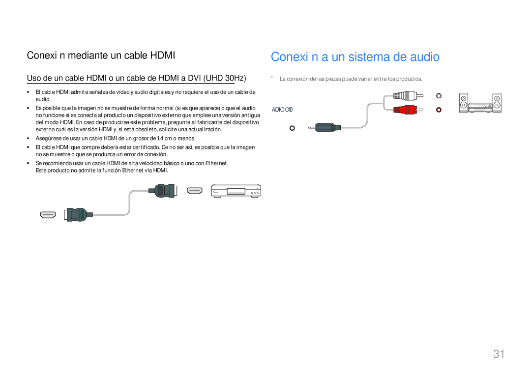 Samsung LH65QBHRTBC/EN manual Conexión a un sistema de audio, Uso de un cable Hdmi o un cable de Hdmi a DVI UHD 30Hz 