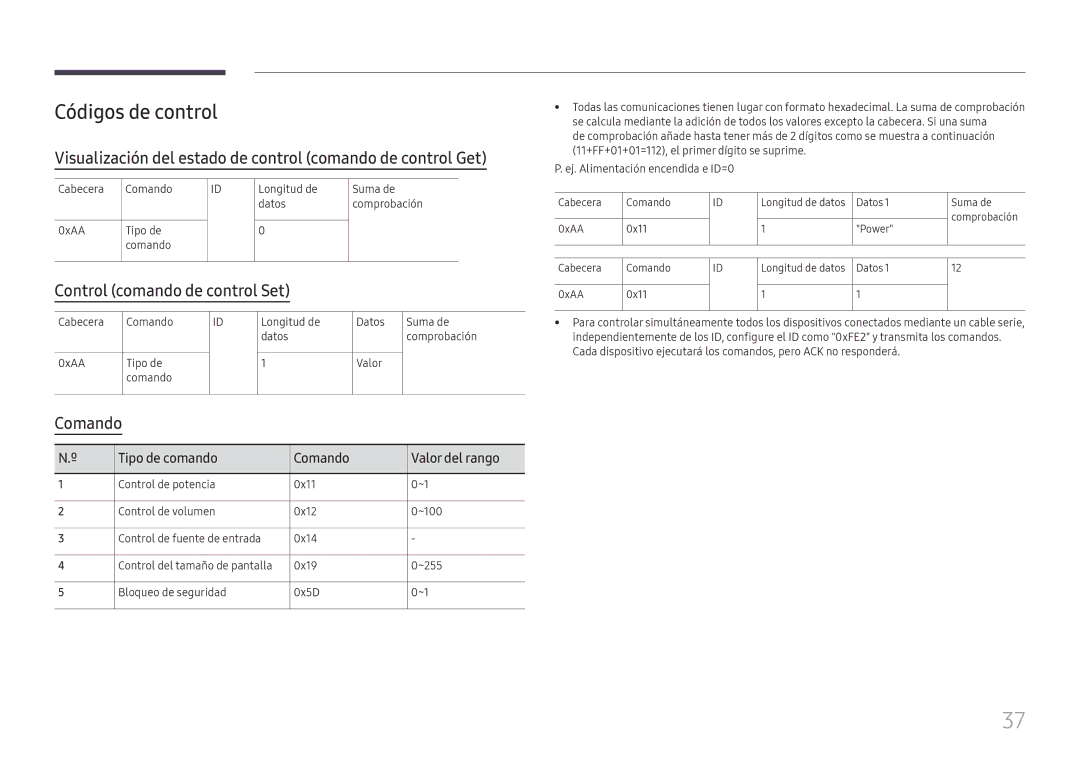 Samsung LH65QBHRTBC/EN manual Códigos de control, Visualización del estado de control comando de control Get, Comando 