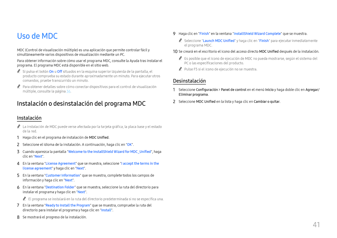 Samsung LH65QBHRTBC/EN, LH75QBHRTBC/EN manual Uso de MDC, Instalación o desinstalación del programa MDC, Desinstalación 