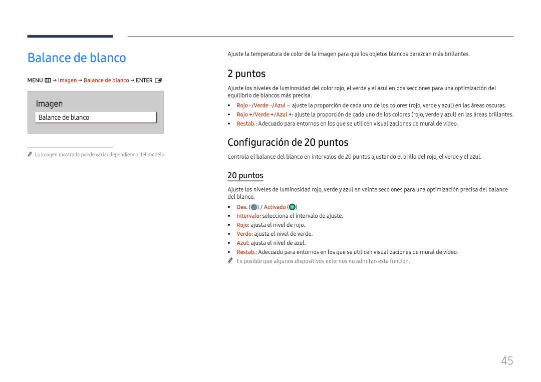 Samsung LH65QBHRTBC/EN, LH75QBHRTBC/EN manual Balance de blanco, Puntos, Configuración de 20 puntos 