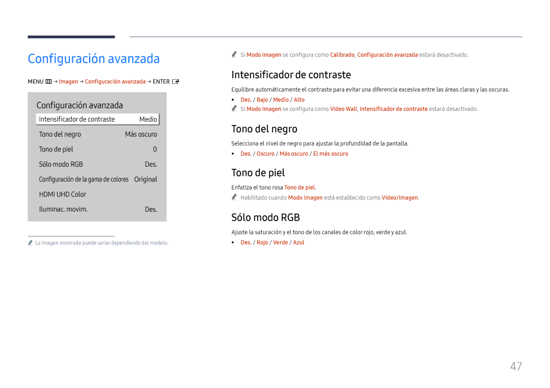 Samsung LH65QBHRTBC/EN Configuración avanzada, Intensificador de contraste, Tono del negro, Tono de piel, Sólo modo RGB 