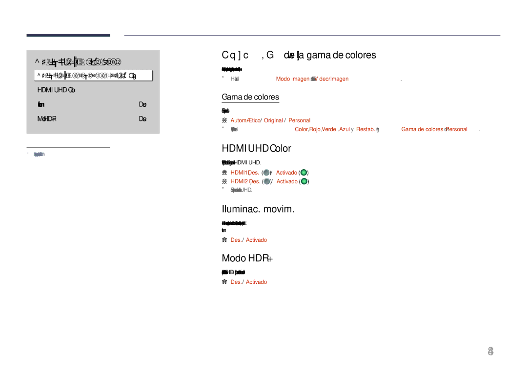 Samsung LH75QBHRTBC/EN Configuración de la gama de colores, Hdmi UHD Color, Iluminac. movim, Modo HDR+, Gama de colores 