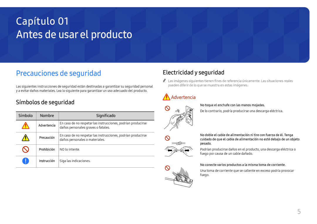 Samsung LH65QBHRTBC/EN, LH75QBHRTBC/EN manual Antes de usar el producto, Precauciones de seguridad, Símbolos de seguridad 