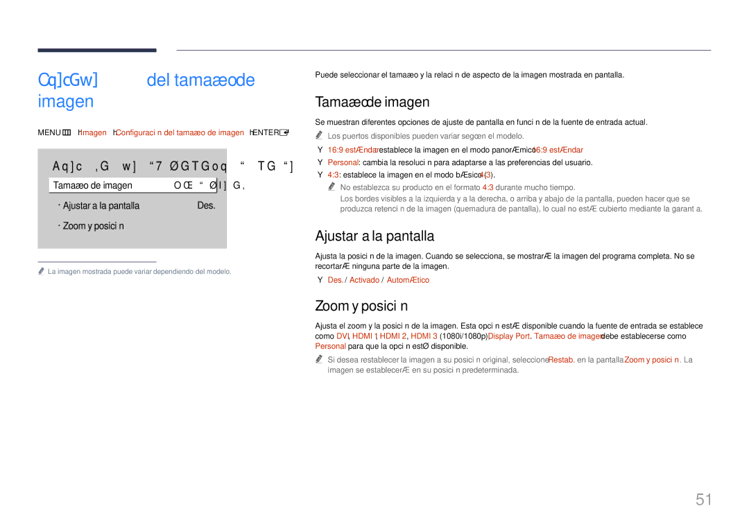 Samsung LH65QBHRTBC/EN manual Configuración del tamaño de imagen, Tamaño de imagen, Ajustar a la pantalla, Zoom y posición 