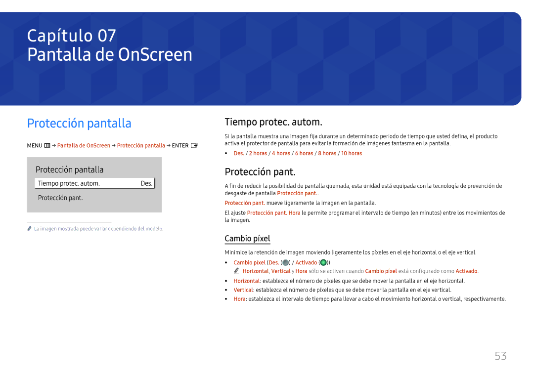 Samsung LH65QBHRTBC/EN, LH75QBHRTBC/EN manual Pantalla de OnScreen, Protección pantalla, Tiempo protec. autom 