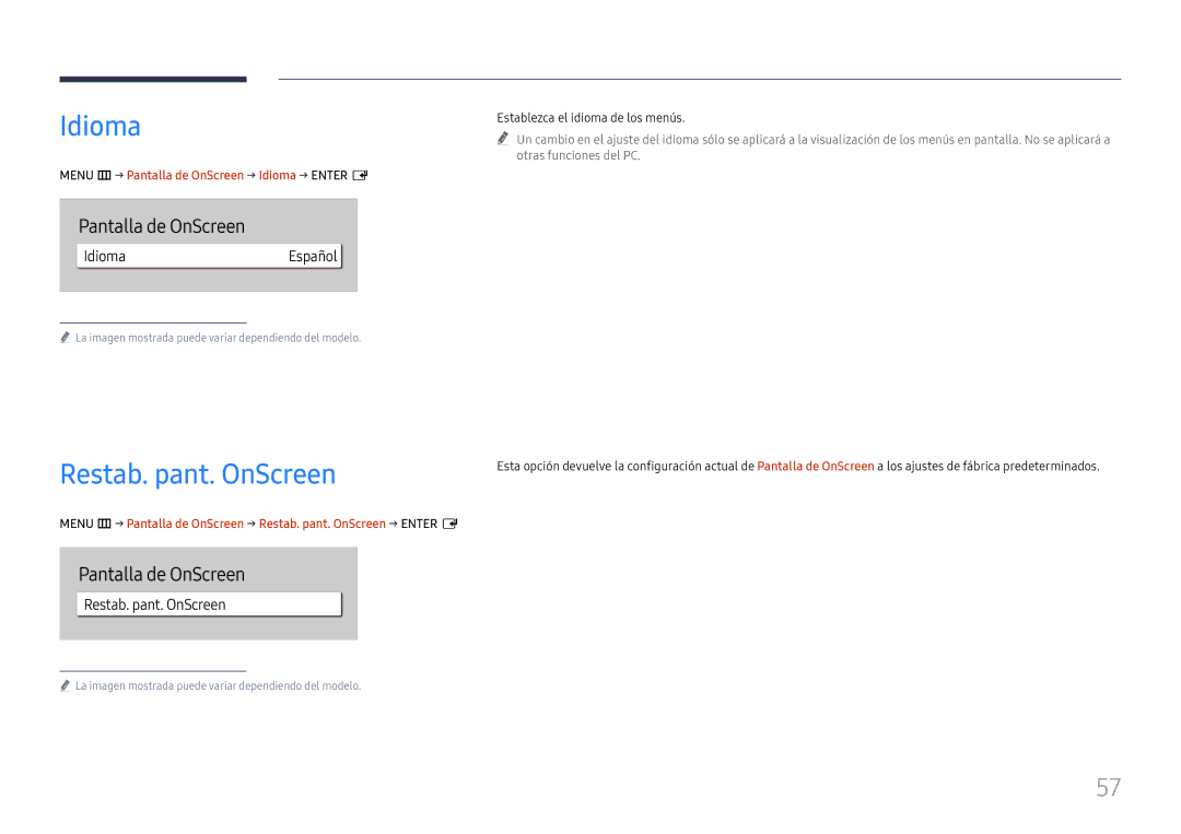 Samsung LH65QBHRTBC/EN manual Idioma, Restab. pant. OnScreen, Pantalla de OnScreen, Establezca el idioma de los menús 