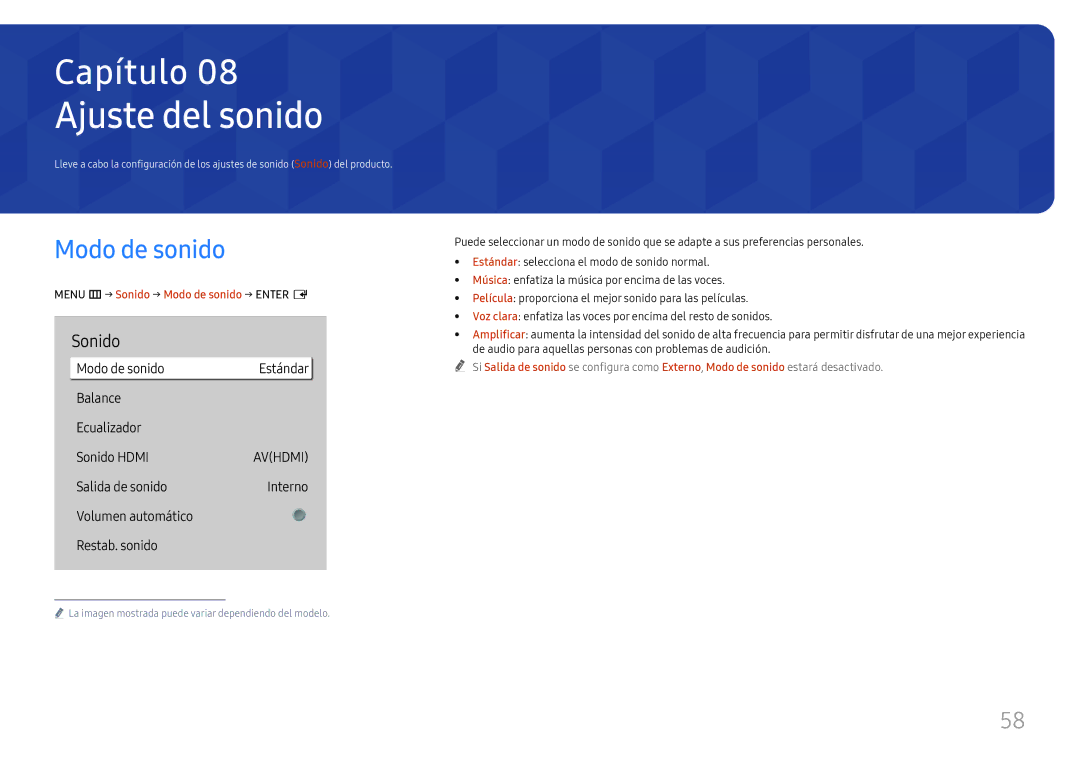 Samsung LH75QBHRTBC/EN, LH65QBHRTBC/EN manual Ajuste del sonido, Menu m→ Sonido → Modo de sonido → Enter E 