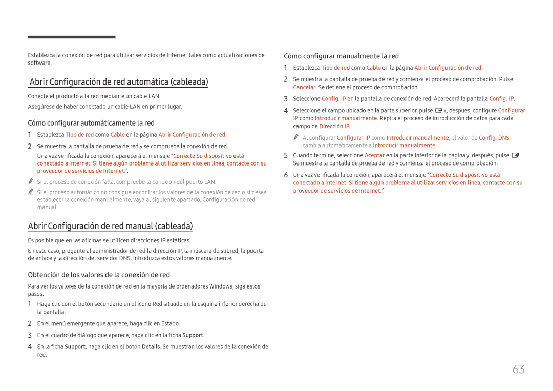 Samsung LH65QBHRTBC/EN Abrir Configuración de red automática cableada, Abrir Configuración de red manual cableada 