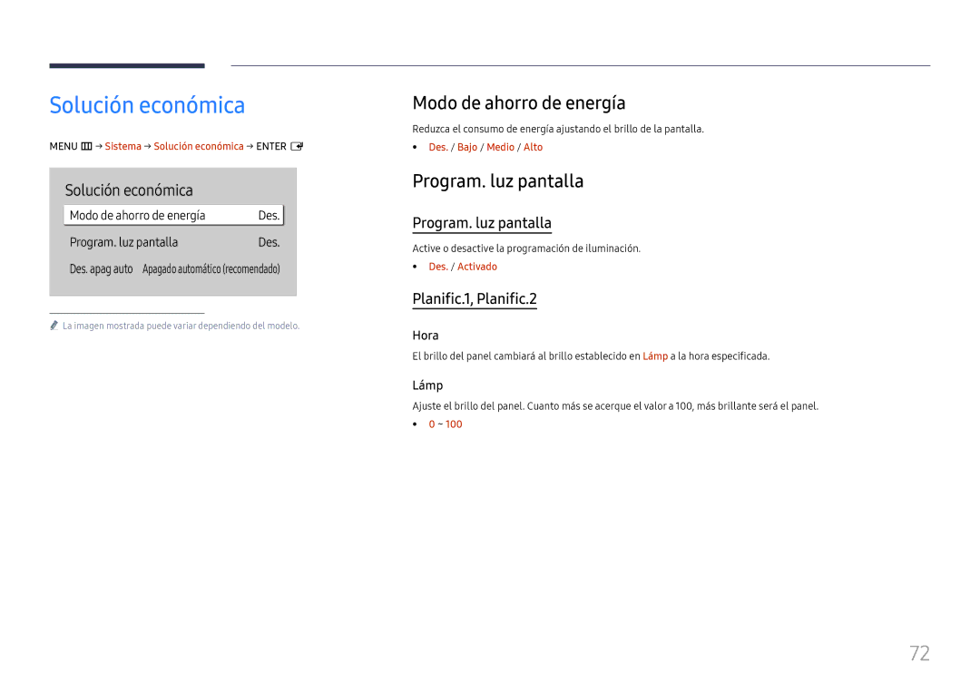 Samsung LH75QBHRTBC/EN, LH65QBHRTBC/EN manual Solución económica, Modo de ahorro de energía, Program. luz pantalla 